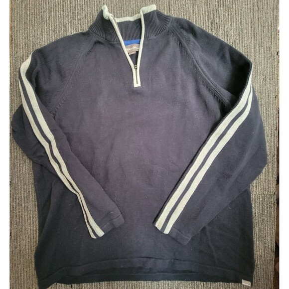 Eddie Bauer 2XL Sweater Navy Stripe Quarter Zip Mock Neck Warm Winter Casual - Picture 1 of 5